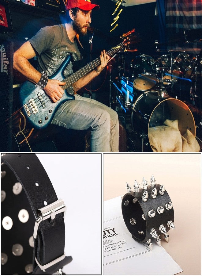 FIRAZIO 2 Pieces Punk Studded Bracelet Black Leather Rivet Bracelet Cuff Wrap Bangle for Women Men Snap Button Goth Rock Wristband Bracelet Unisex for Halloween Party Favors Accessories - Image 2